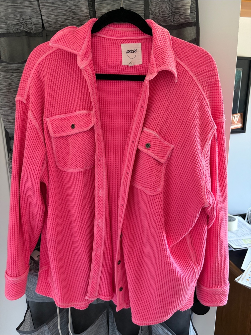 aerie Bright Pink Waffle-Knit Button-Up Sweater Jacket